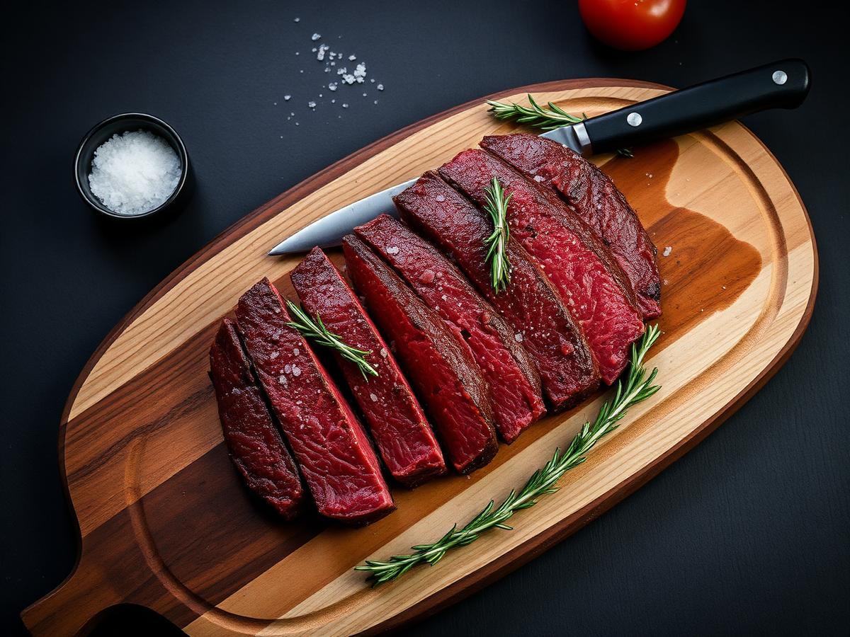 Premium raw grass-fed beef cuts with rosemary and salt