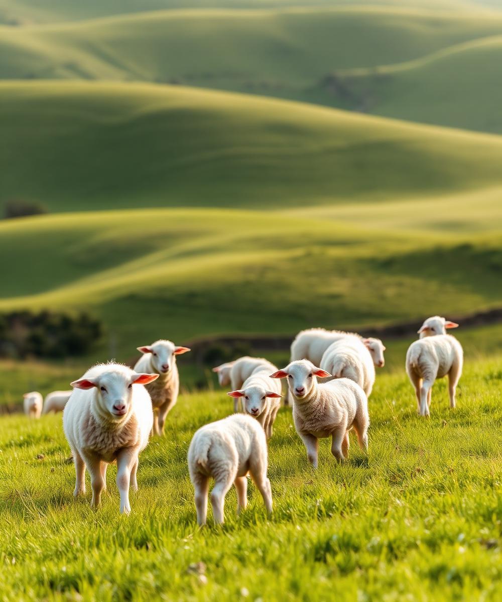 Sheep and lambs on rolling green hillsides